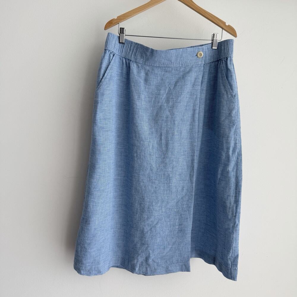 Poetry 100% Linen Skirt 16 US Blue Check Pockets Cottagecore Prairie Farm UK20